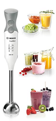 Bosch MSM66110 ErgoMixx hand blender (600 W, with accessories, stainless steel mixing foot, dishwasher-safe, QuattroBlade, with shaker) white/gray [Energy Class A]
