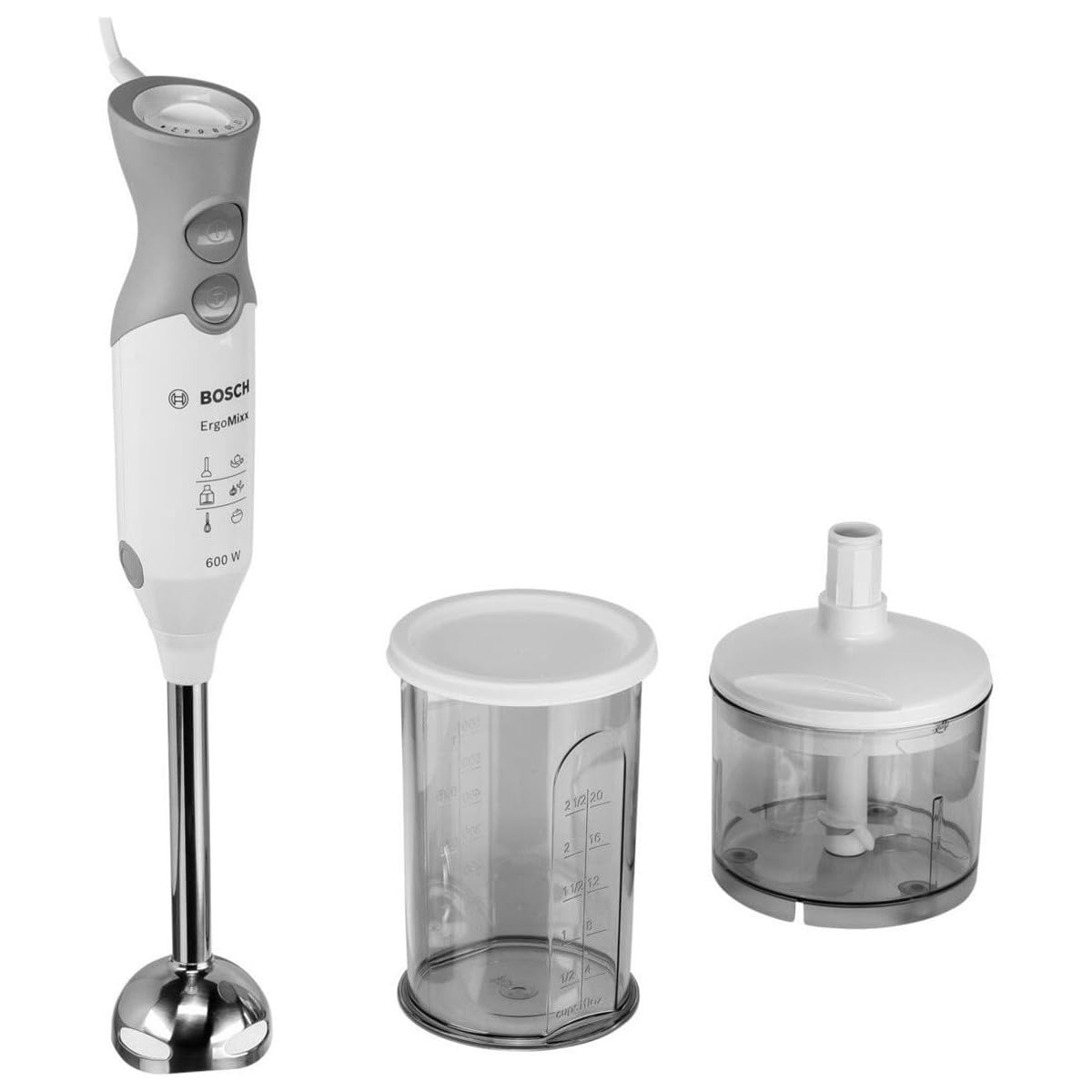 Bosch MSM66120 ErgoMixx Hand Blender - Ultra Powerful Blender for Heavy Duty Use - 600 W Power - Mini Chopper Included - Colour: White/Grey