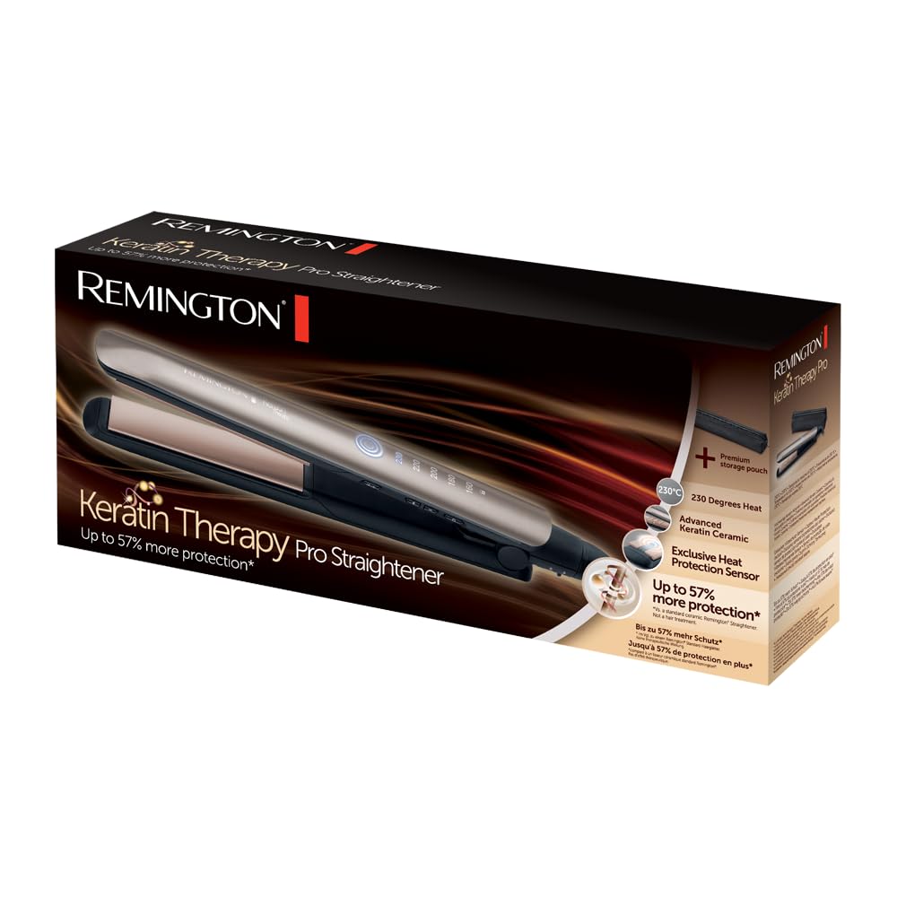 Remington Hair Straightener Keratin Therapy (With Heat Protecting Sensor, Protective Against Damage, Ceramic Coating, 5 Temperature Settings) S8593