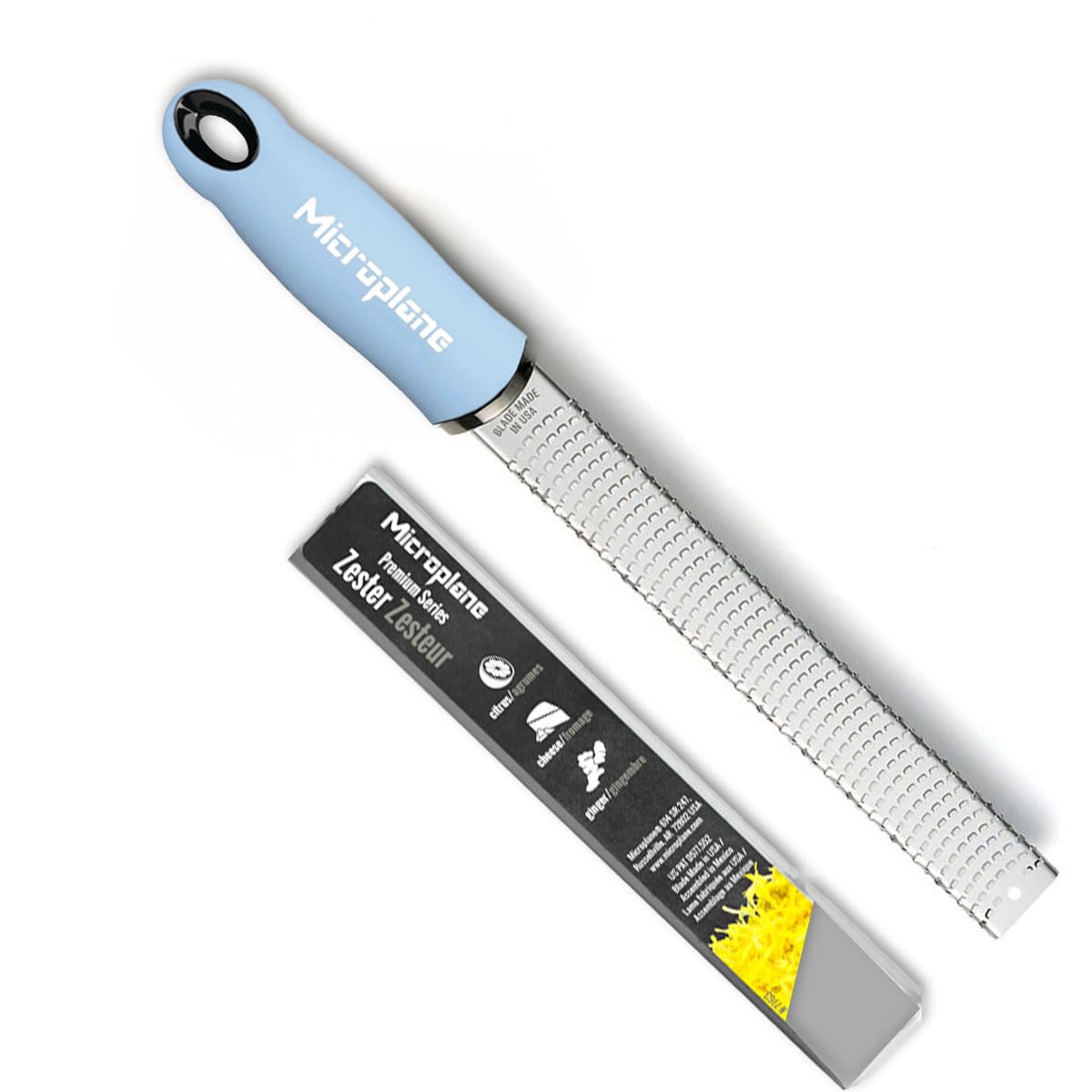 Microplane Premium Zester Grater - made in USA stainless steel blade -for zesting citrus and grating cheese -Soft touch handle -Dark Blue