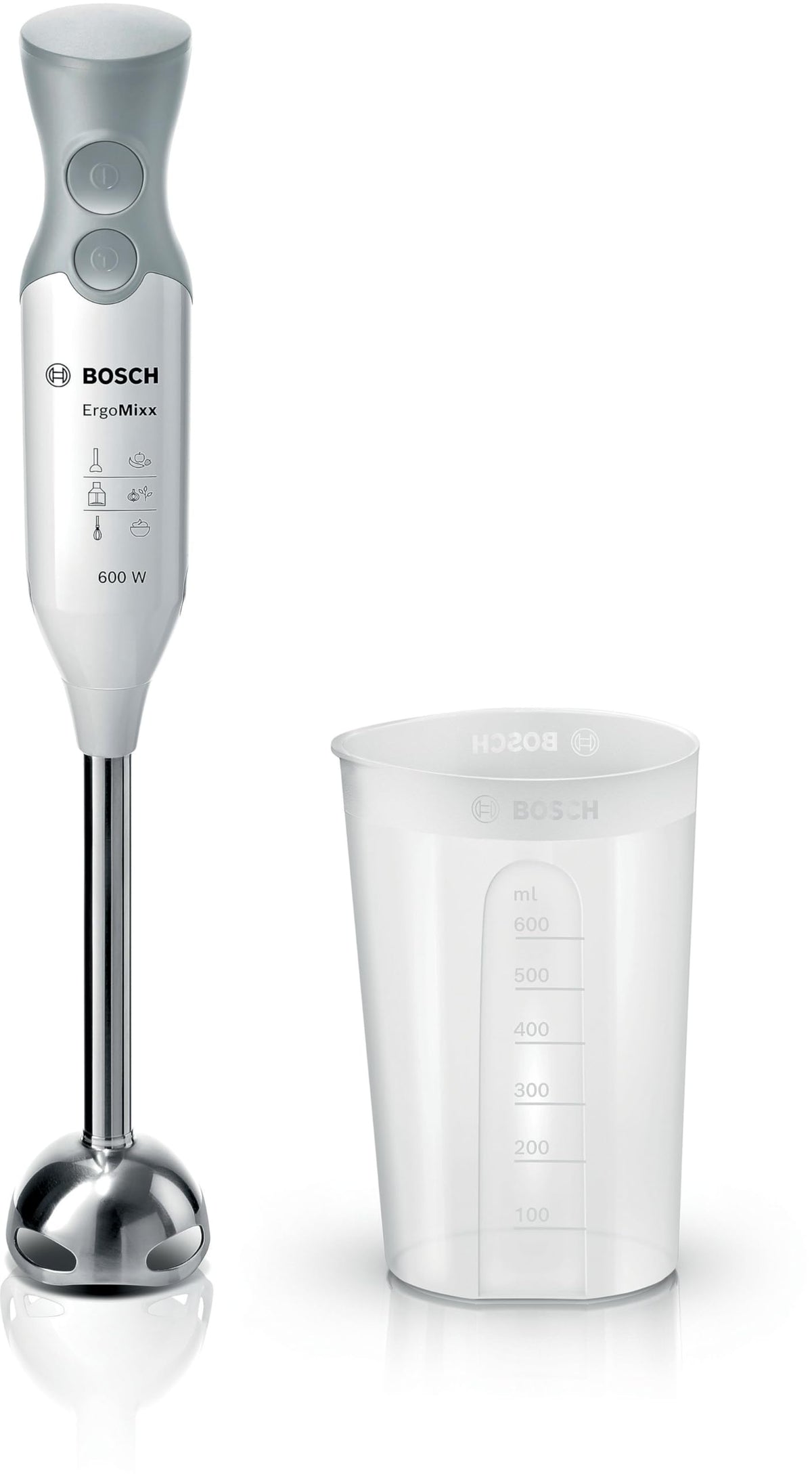 Bosch MSM66110 ErgoMixx hand blender (600 W, with accessories, stainless steel mixing foot, dishwasher-safe, QuattroBlade, with shaker) white/gray [Energy Class A]
