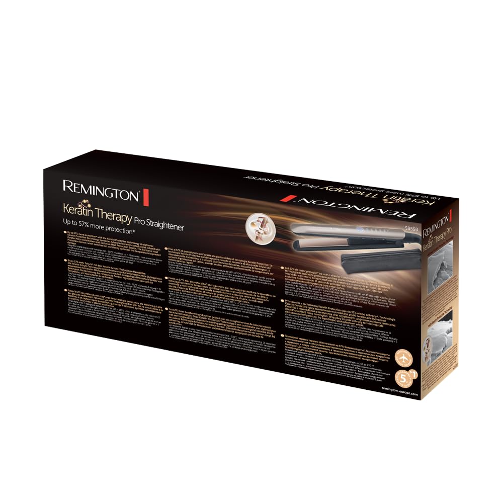 Remington Hair Straightener Keratin Therapy (With Heat Protecting Sensor, Protective Against Damage, Ceramic Coating, 5 Temperature Settings) S8593