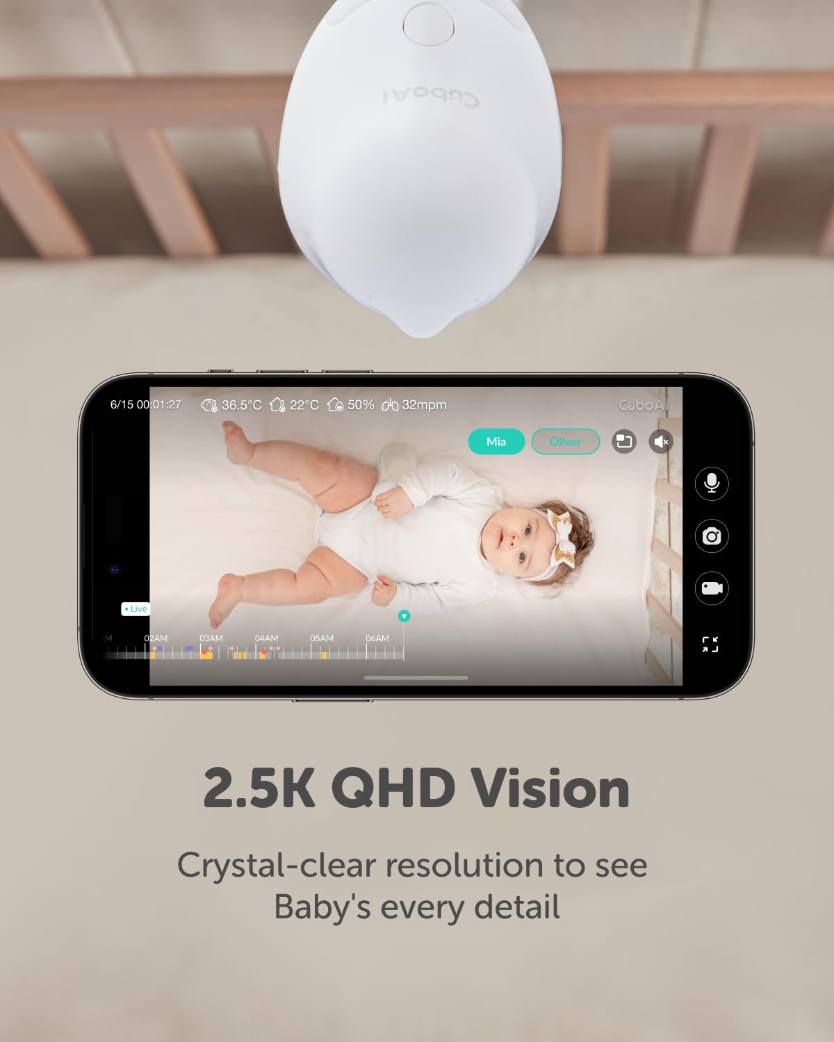 CuboAi Smart Baby Monitor 3 with Floor Stand, 2.5K QHD Night Vision WiFi Camera, 2-Way Audio, Temperature & Humidity Sensor, Lullabies, Sleep Safety Alerts for Covered Face, App Control