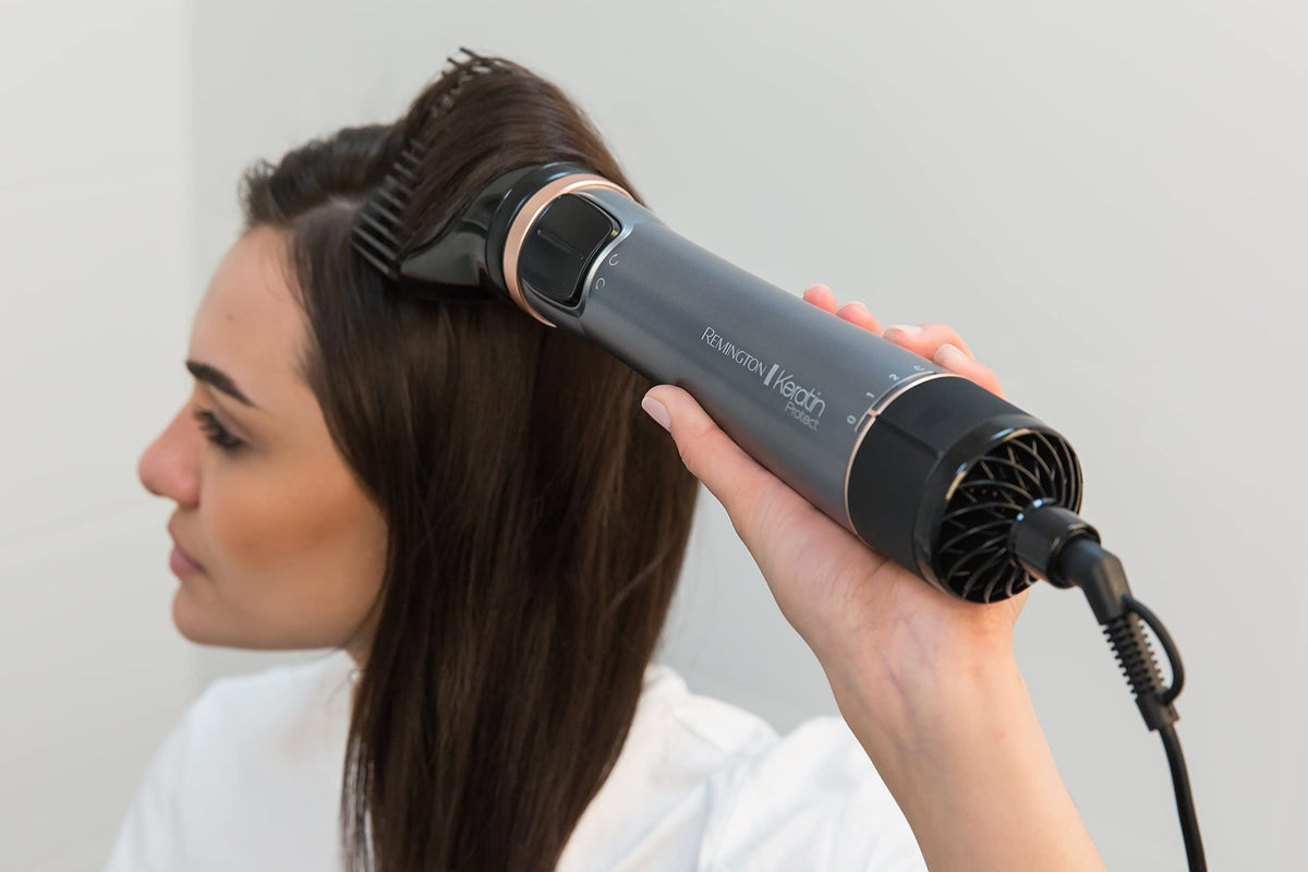 Remington Hair Dryer Brush Keratin Protect (Rotary, 1000 Watt, Enriched With Keratin And Almond Oil For Strong & Healthy Hair, Ceramic Coating, Coolshot) Hot Air Brush AS8811