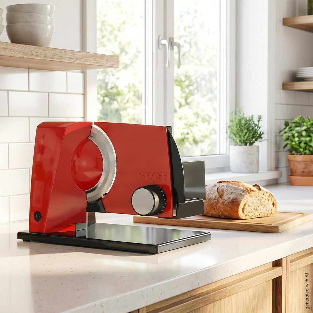 GRAEF S11003 - Electric Slicer SKS110, Made in Germany, Stainless Steel Serrated Blade Diameter 170 mm, Cutting Thickness 0-20 mm, Energy-Saving Motor 170 W, Child Lock, Bread Slicer, Red