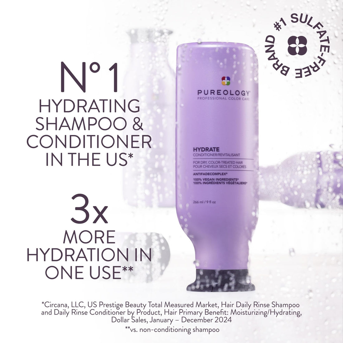 Pureology Hydrate Conditioner - For Dry or Color-Treated Hair, Restores Moisture & Softness, Seals In Hydration, Color-Safe, Vegan, 9 Fl Oz