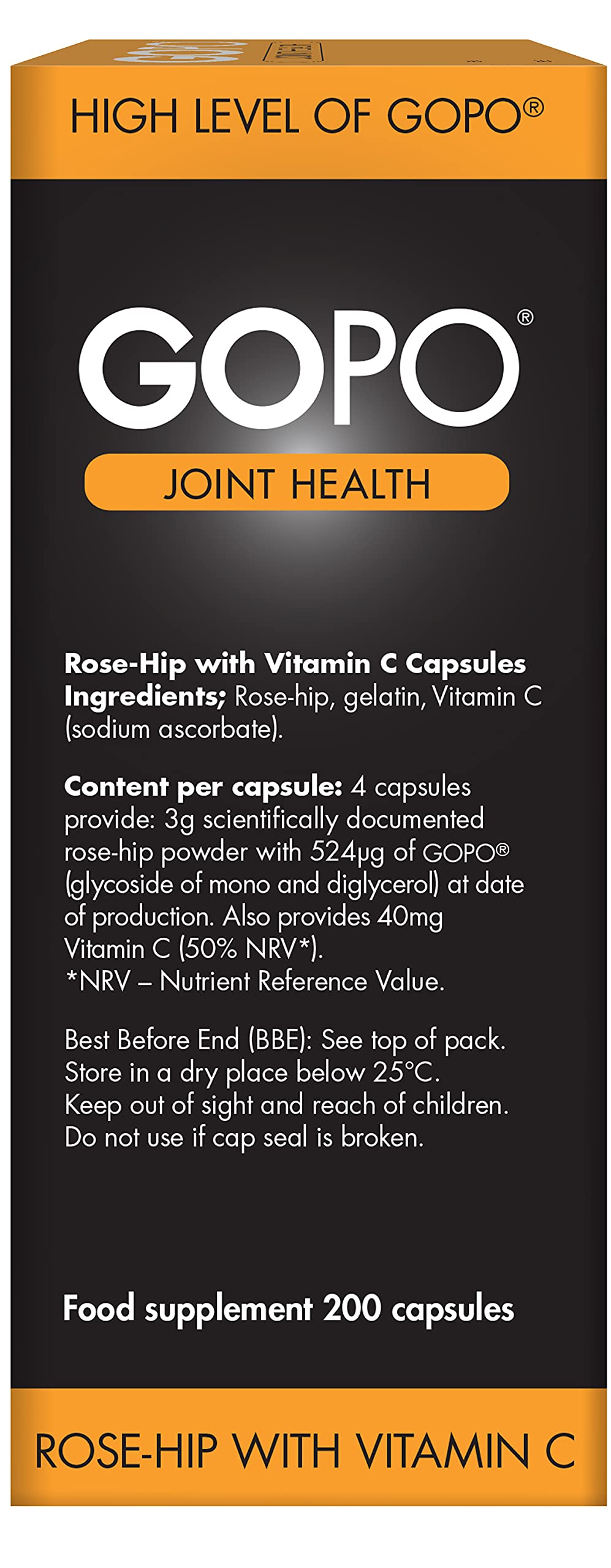 Rosehip Joint Supplement by GOPO (200 Capsules): Rose Hips Joint Support - Patented Formula w/Vitamin C, Non-GMO, Vegan - Clinically Proven for Natural Joint Health & Joint Care