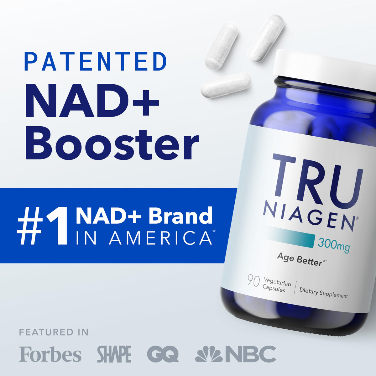 TRU NIAGEN NAD+ Booster Supplement Nicotinamide Riboside NR for Energy Metabolism, Cellular Repair & Healthy Aging (Patented Formula) More Efficient Than NMN - 90 Count - 300mg (6 Months / 2 Bottles)