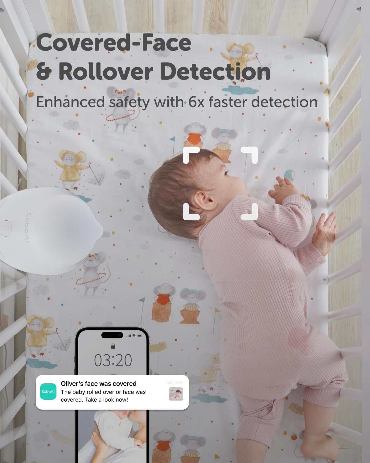 CuboAi Smart Baby Monitor 3 with Floor Stand, 2.5K QHD Night Vision WiFi Camera, 2-Way Audio, Temperature & Humidity Sensor, Lullabies, Sleep Safety Alerts for Covered Face, App Control