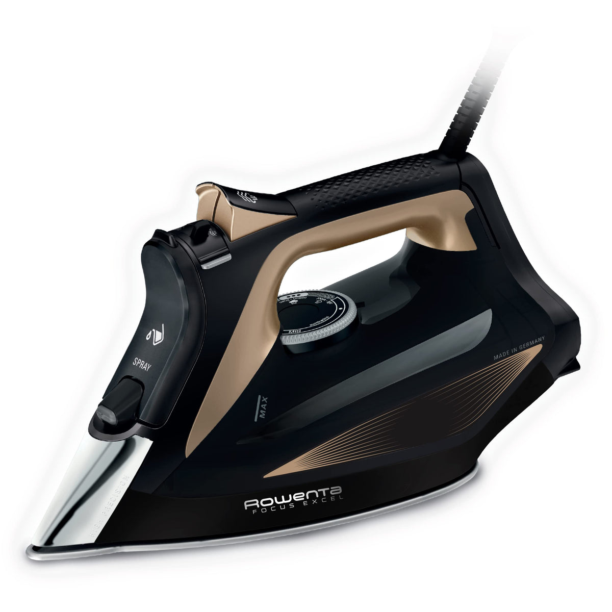 Rowenta Focus Excel Dampfbügeleisen, 2700 Watt, 45 g/Min. kontinuierliche Dampfabgabe, 180 g/Min. Dampfstoß, Tropfstopp, Antikalk-Einstellung, 300 ml Wassertank, schwarz/kupfer, DW5325