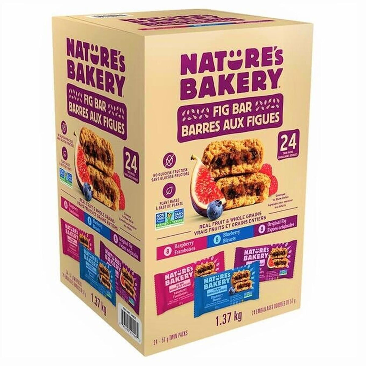Nature's Bakery Whole Wheat Fig Bars, Variety Pack (8- Blueberry, 8- Original Fig, 8-Raspberry), 1-24 Count Box of 2 oz Twin Packs (24 Packs), Vegan Snacks, Non-GMO