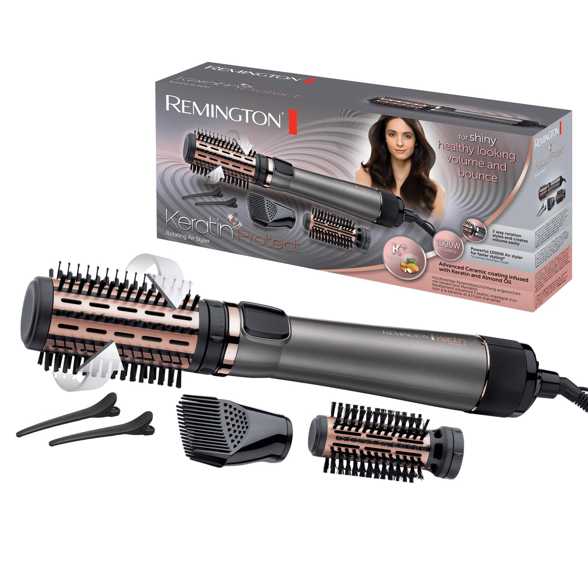 Remington Hair Dryer Brush Keratin Protect (Rotary, 1000 Watt, Enriched With Keratin And Almond Oil For Strong & Healthy Hair, Ceramic Coating, Coolshot) Hot Air Brush AS8811