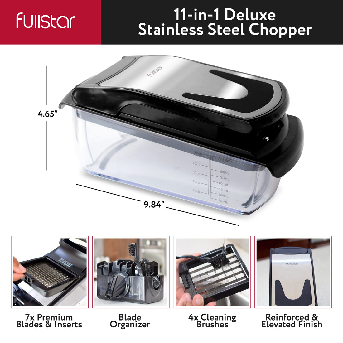 Fullstar 11-in-1 Stainless Steel Vegetable Chopper - Food & Veggie Dicer with Juicer, Egg Slicer, Spiralizer & Kitchen Gadgets Sets with Container (Black)