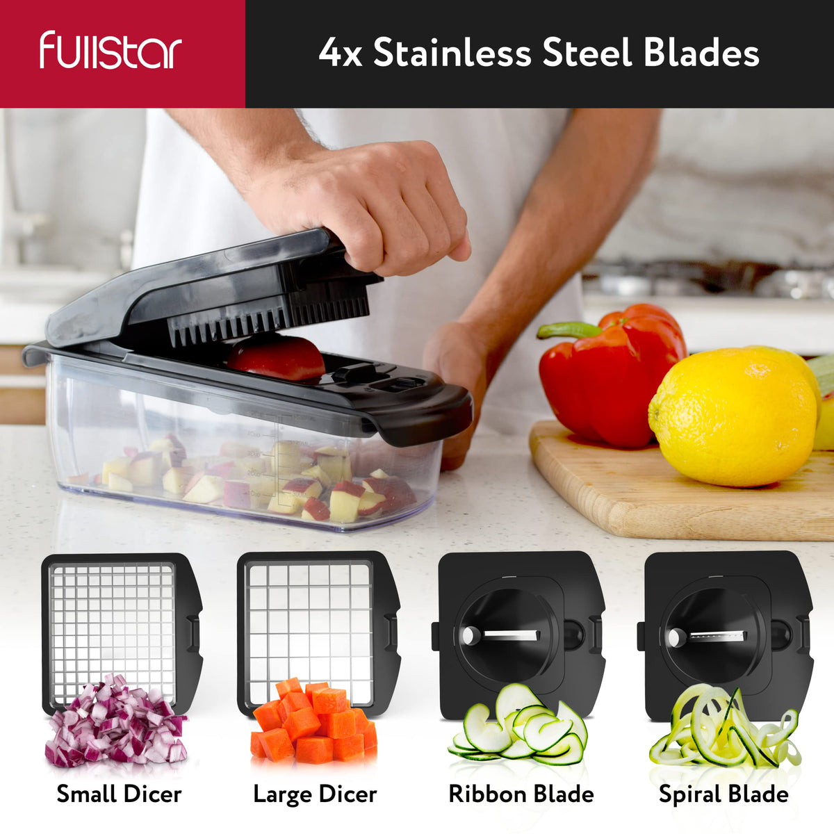 Fullstar 11-in-1 Stainless Steel Vegetable Chopper - Food & Veggie Dicer with Juicer, Egg Slicer, Spiralizer & Kitchen Gadgets Sets with Container (Black)