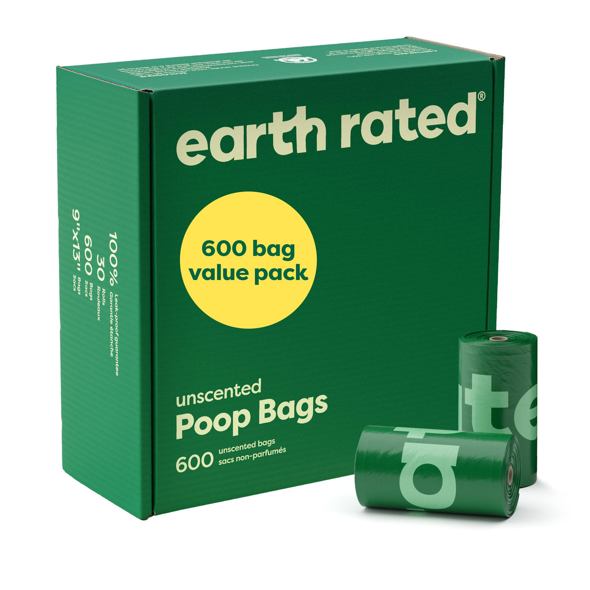 Earth Rated Dog Poop Bags Value Pack - Leak-Proof and Extra-Thick Pet Waste Bags for Big and Small Dogs - Refill Rolls - Unscented - 600 Count, Green