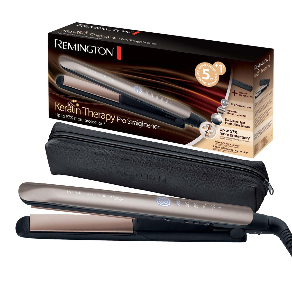 Remington Hair Straightener Keratin Therapy (With Heat Protecting Sensor, Protective Against Damage, Ceramic Coating, 5 Temperature Settings) S8593