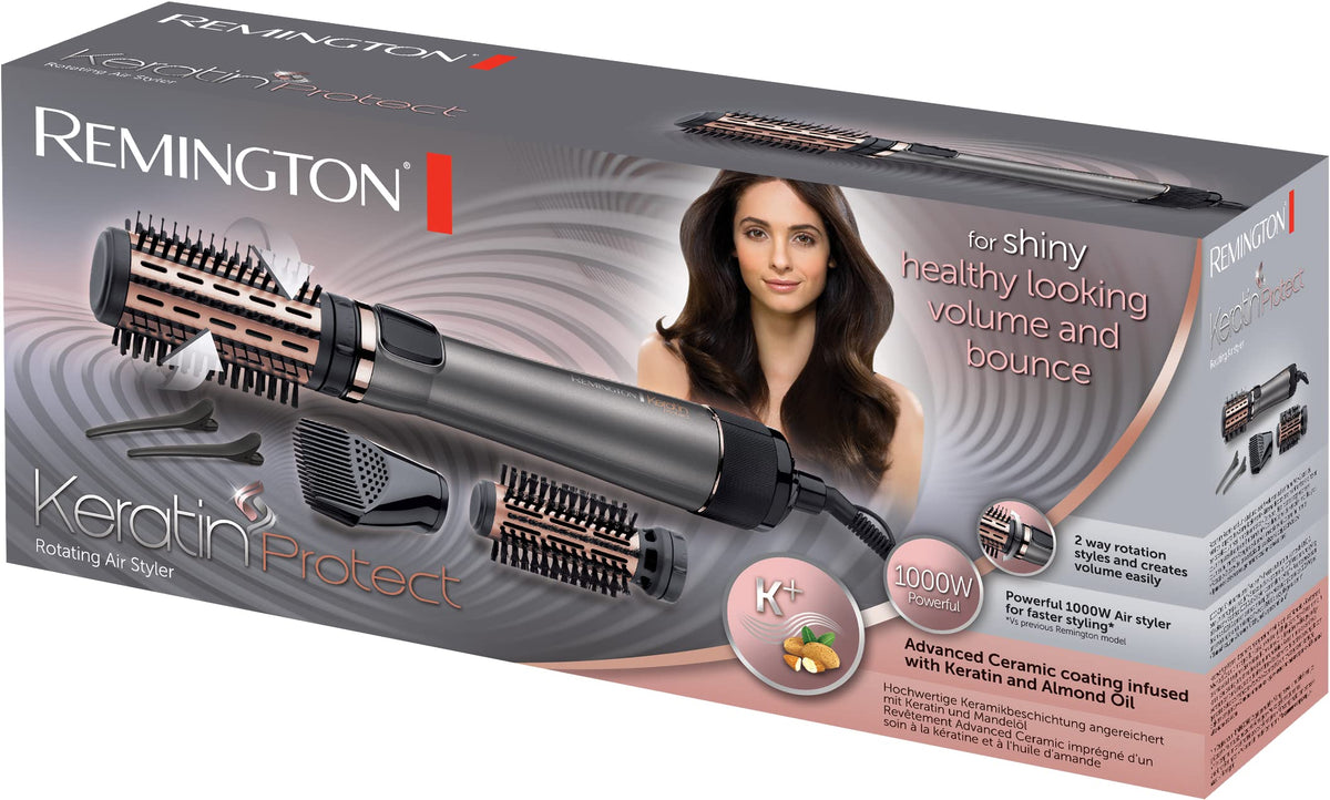 Remington Hair Dryer Brush Keratin Protect (Rotary, 1000 Watt, Enriched With Keratin And Almond Oil For Strong & Healthy Hair, Ceramic Coating, Coolshot) Hot Air Brush AS8811