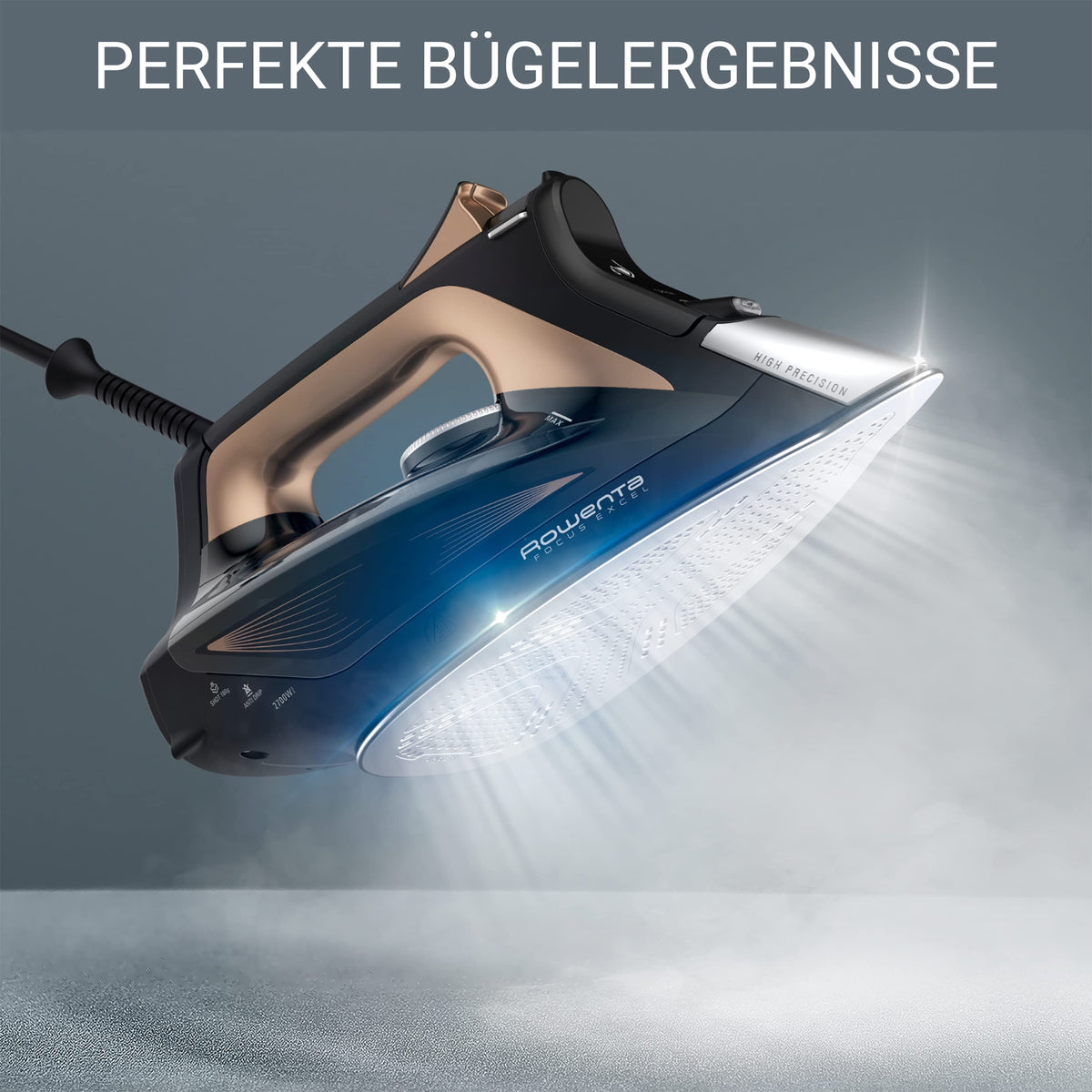 Rowenta Focus Excel Dampfbügeleisen, 2700 Watt, 45 g/Min. kontinuierliche Dampfabgabe, 180 g/Min. Dampfstoß, Tropfstopp, Antikalk-Einstellung, 300 ml Wassertank, schwarz/kupfer, DW5325