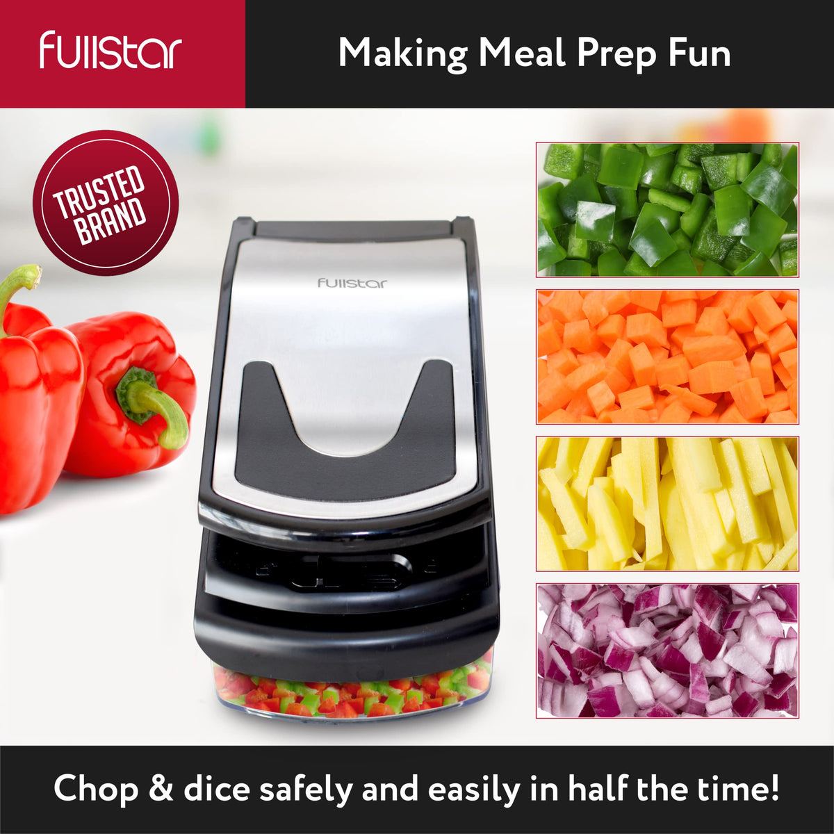 Fullstar 11-in-1 Stainless Steel Vegetable Chopper - Food & Veggie Dicer with Juicer, Egg Slicer, Spiralizer & Kitchen Gadgets Sets with Container (Black)
