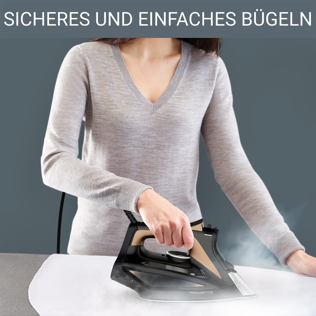 Rowenta Focus Excel Dampfbügeleisen, 2700 Watt, 45 g/Min. kontinuierliche Dampfabgabe, 180 g/Min. Dampfstoß, Tropfstopp, Antikalk-Einstellung, 300 ml Wassertank, schwarz/kupfer, DW5325